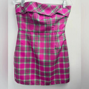 MORE TO COME Pink plaid strapless mini dress size Medium